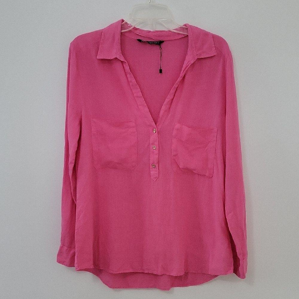 Zara Pink Long Sleeve Linen Blouse, Size Large